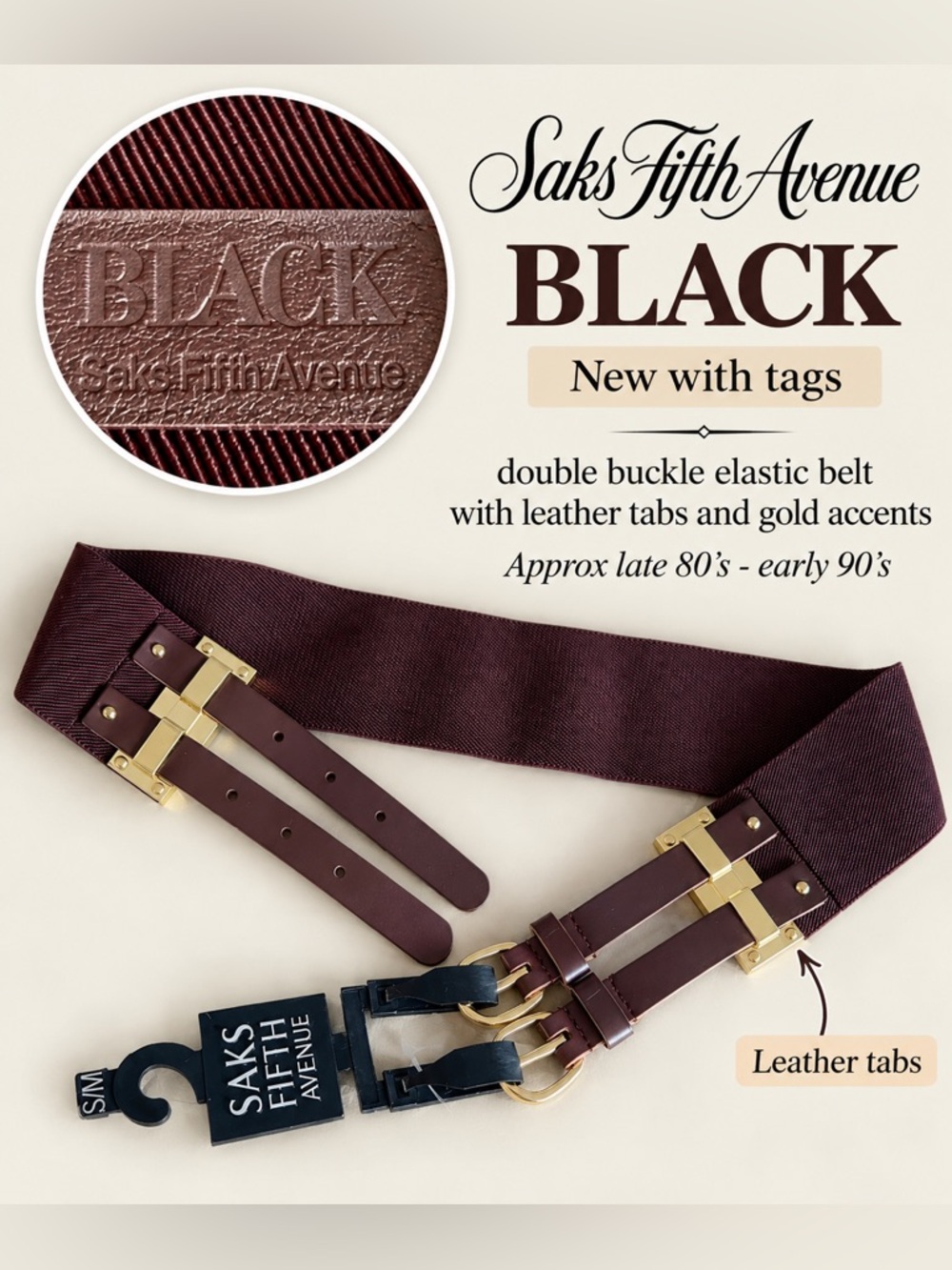 Vintage Saks Fifth Avenue BLACK LABEL Double Buckle Belt – S/M – NWT